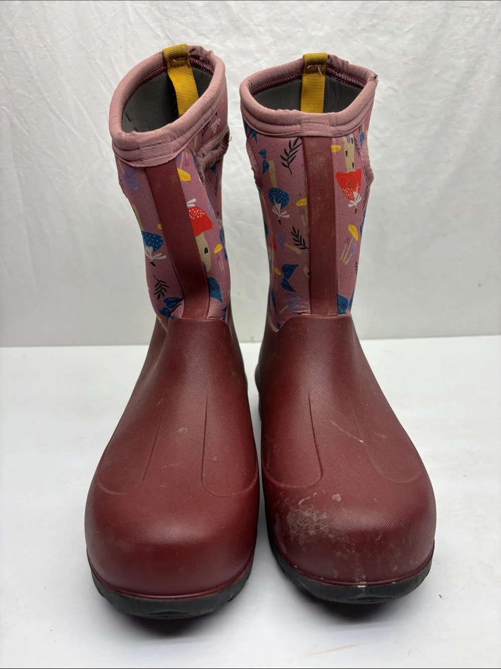 Bogs Kids Waterproof Maroon Pink Mushroom Print Rain Boots, SZ 5 big girl